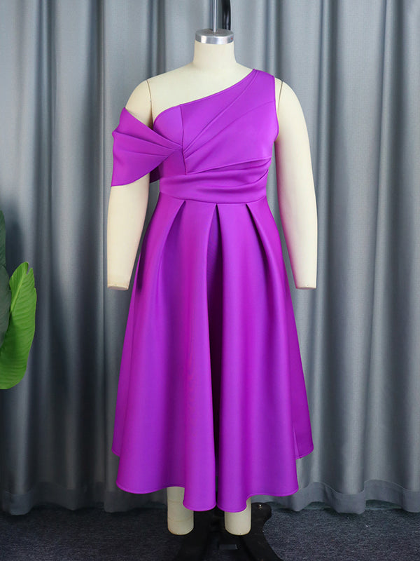 Hollow Pleated Solid Color Zipper Wrap One-Shoulder Midi Dresses