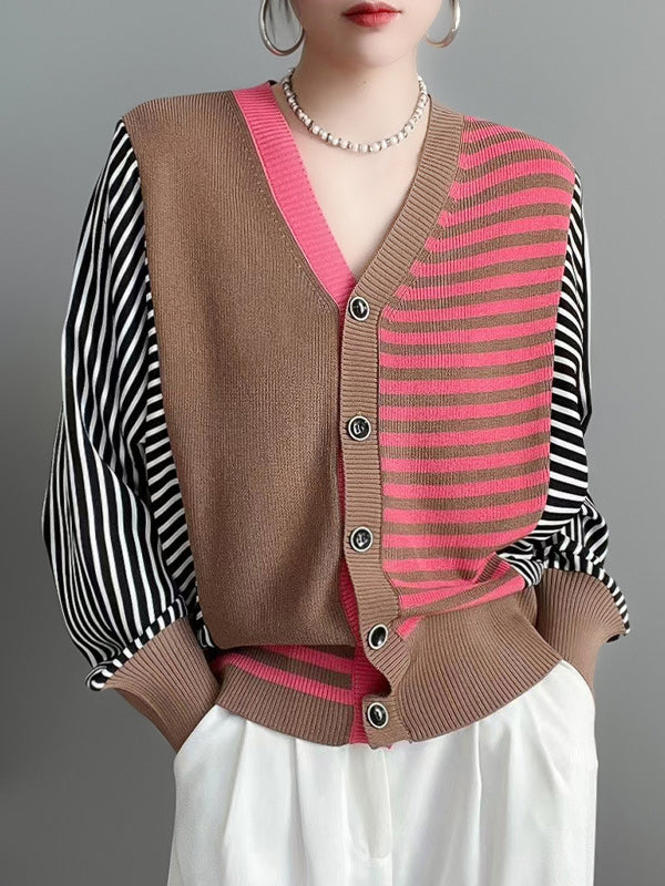 Buttoned Contrast Color Split-Joint Striped Long Sleeves Loose V-Neck Knitwear Cardigan Tops