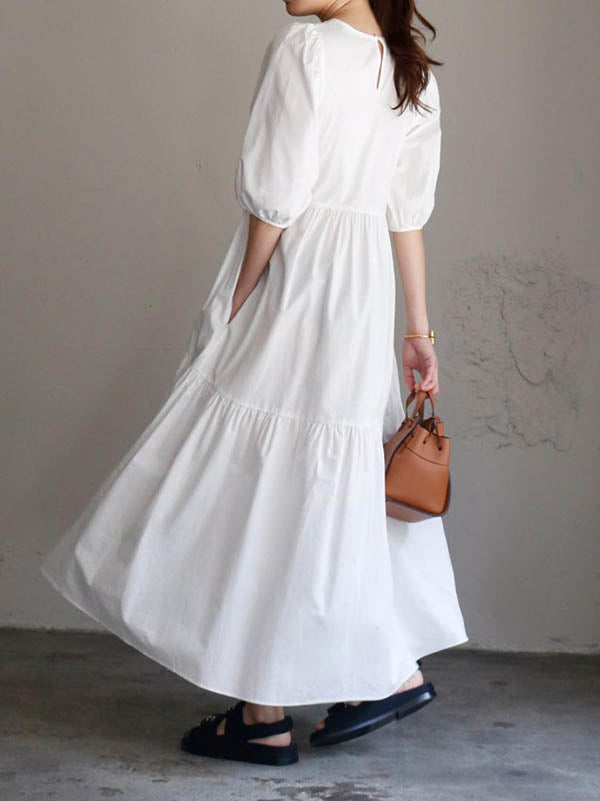 Half Sleeves Puff Sleeves Breathable See-Through Solid Color Round-Neck Midi Dresses