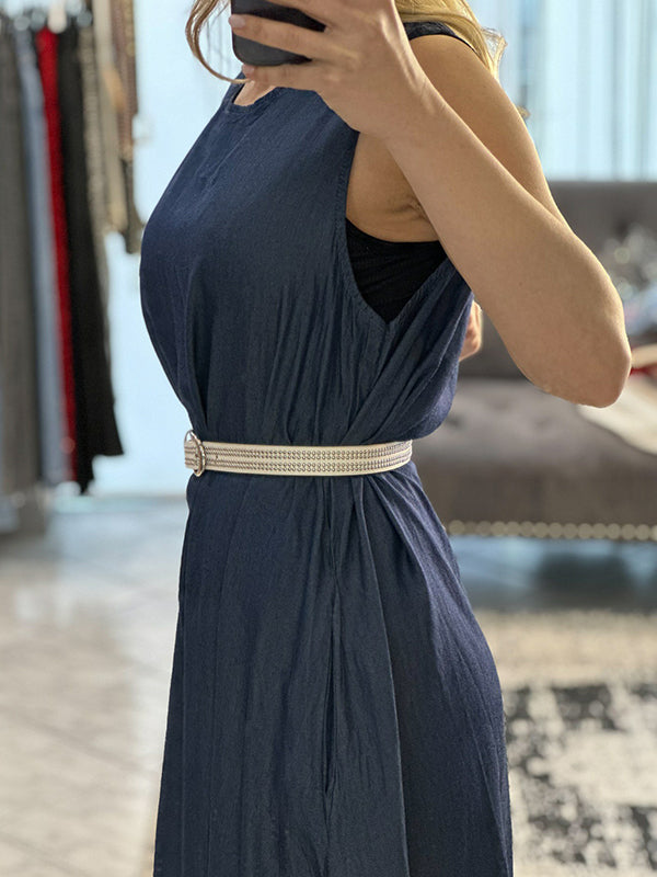 Solid Color Split-Joint Loose Sleeveless Round-neck Maxi Dresses