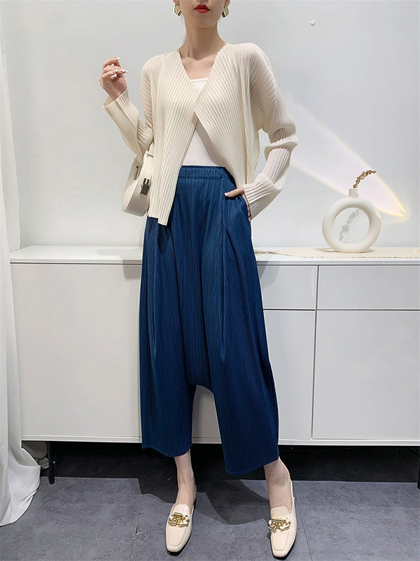 Elasticity Pleated Solid Color Split-Joint Harem Pants High Waisted Trousers Pants Ninth Pants