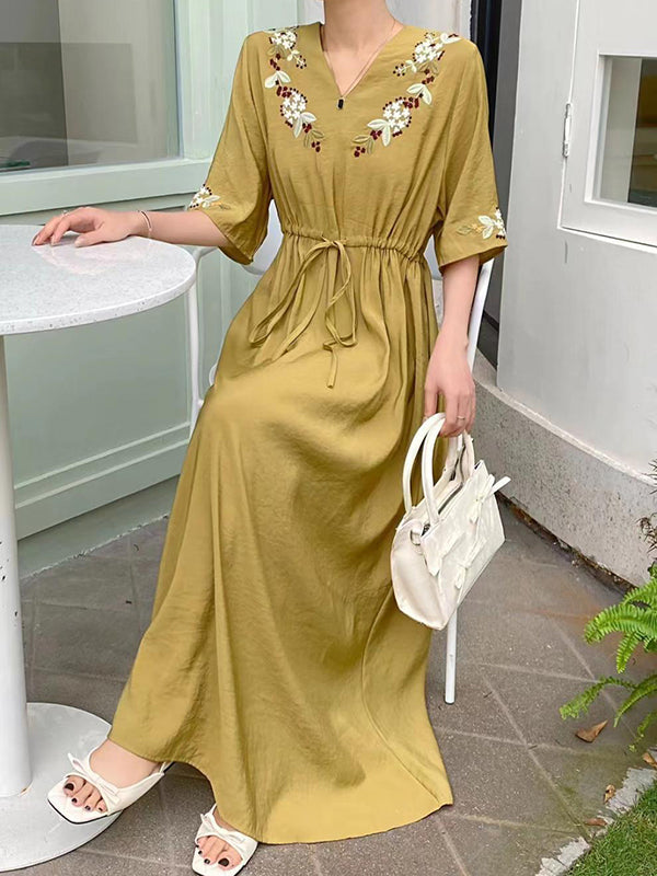 Drawstring Embroidered Split-Joint Half Sleeves Loose V-Neck Maxi Dresses