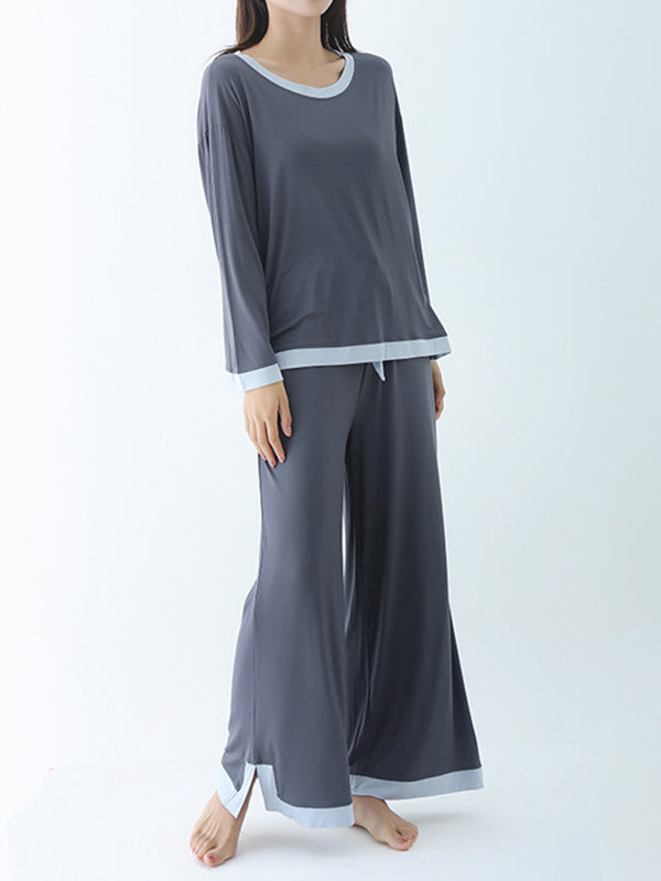 Contrast Color Long Sleeves Loose Round-neck Two Pieces Pajama Set