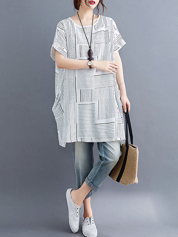 Striped Loose Short Sleeves Round-Neck T-Shirts