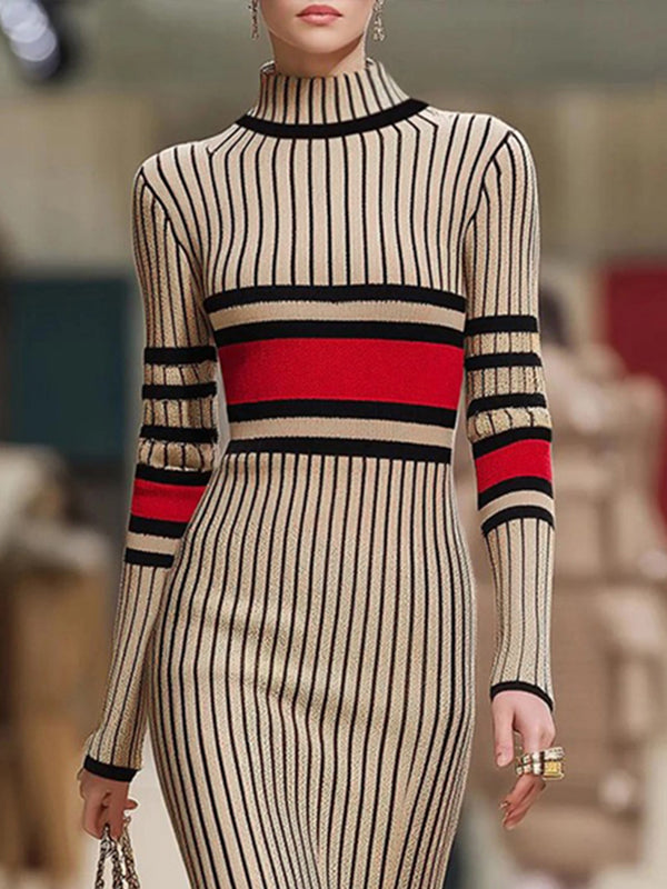 Contrast Color Striped Long Sleeves Skinny High Neck Sweater Dresses Midi Dresses