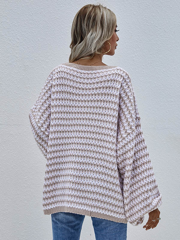 Original Loose Striped 8 Colors V-Neck Long Sleeves Sweater Top