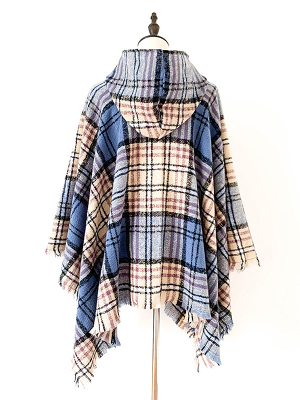 Fringed Hooded Keep Warm Plaid Shawl&Cloak Cape