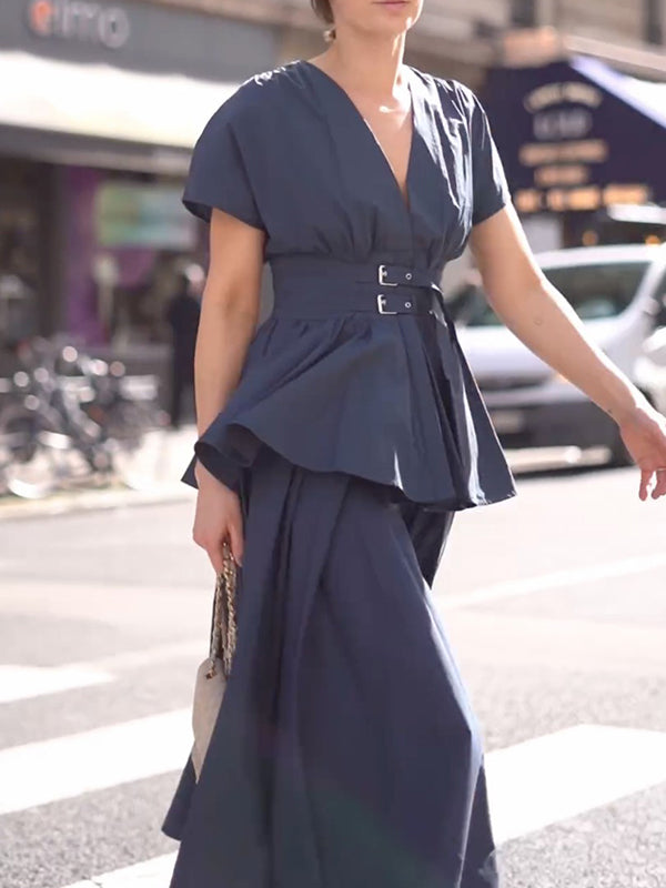 Buckle High-Waisted Solid Color Split-Joint False Two Loose Deep V-Neck Midi Dresses