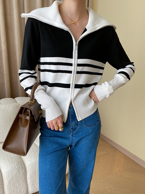 Contrast Color Striped Zipper Long Sleeves Loose Lapel Cardigan Tops