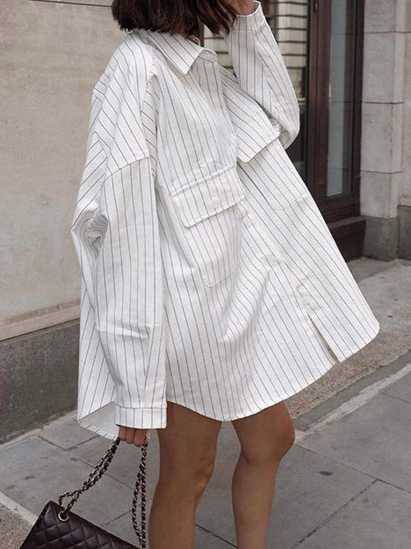 Split-Joint Striped Irregular Clipping Long Sleeves Lapel Blouses