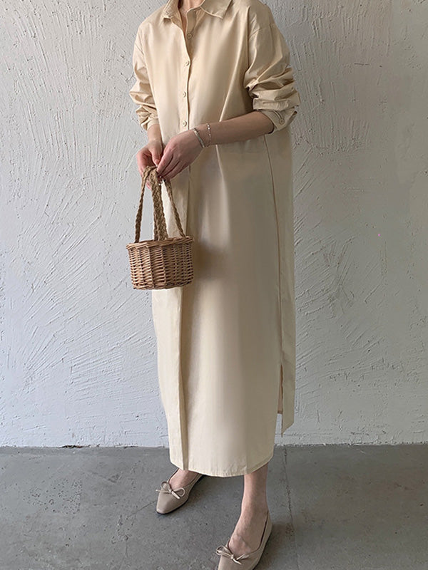 Urban Loose Solid Color Lapel Collar Shirt Midi Dresses