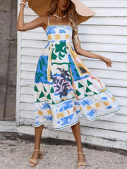 Pleated Printed Split-Joint High Waisted Sleeveless Collarless Slip Dress Midi Dresses