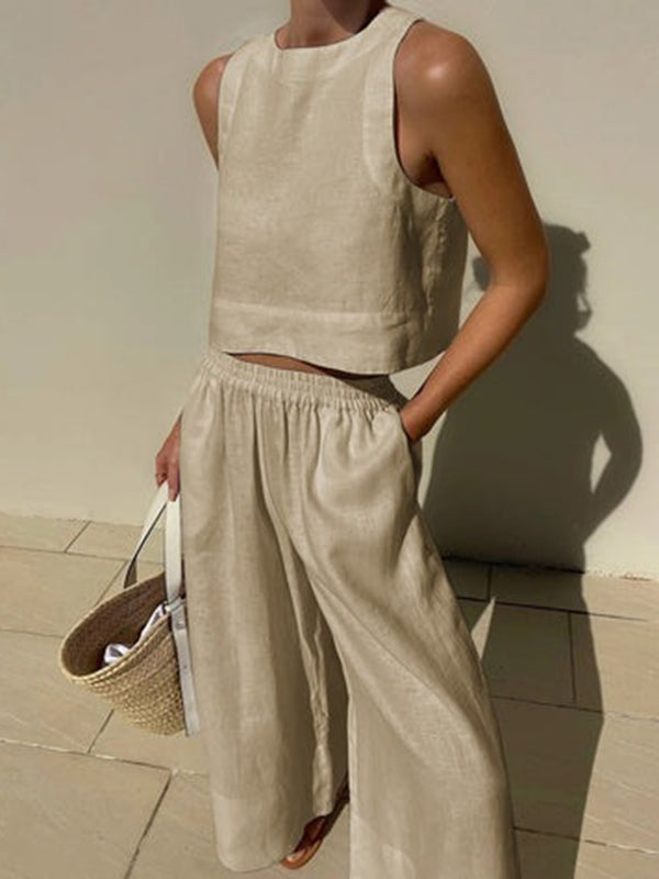 Solid Color Loose Round-Neck Sleeveless Vest + Elasticity Wide Leg Pants Two Pieces Set