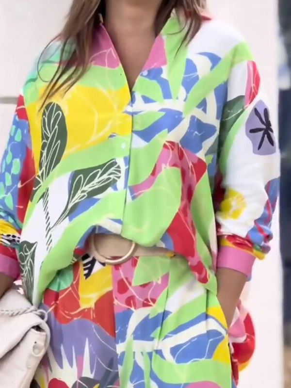 Contrast Color Printed Lapel Long Sleeves Buttoned Blouses Top+ High Waisted Pants Bottom Two Pieces Set