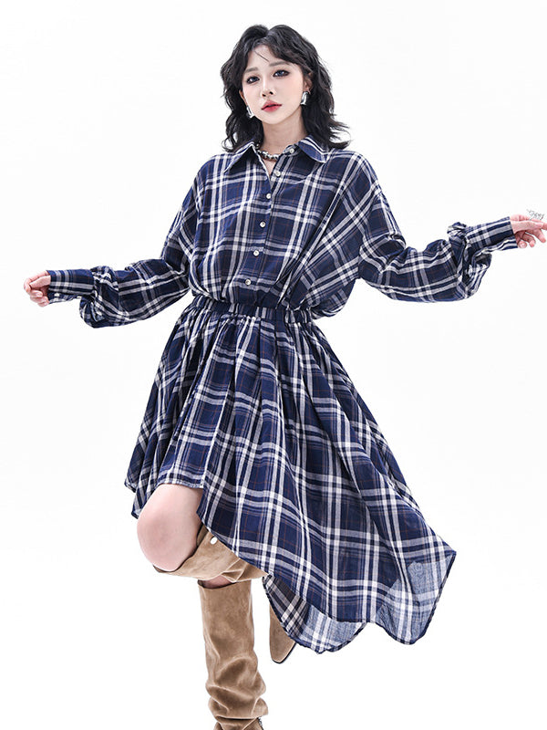 Elasticity Plaid High-Low Irregularity Lapel Collar Midi Dresses