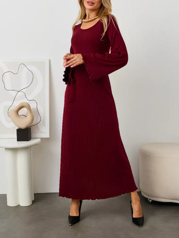 Pleated Ruffled Solid Color Split-Joint Long Sleeves Round-neck Maxi Dresses
