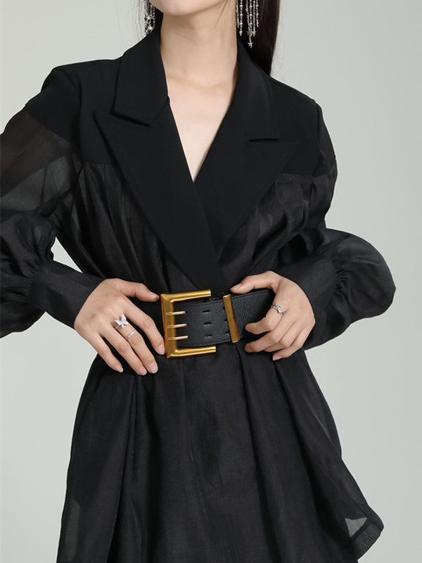See-Through Split-Joint Tied Waist Loose Puff Sleeves Lapel Blouses&Shirts Tops