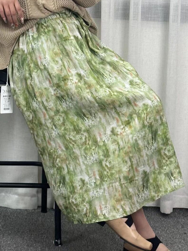 Drawstring Elasticity Floral Printed Loose Skirts