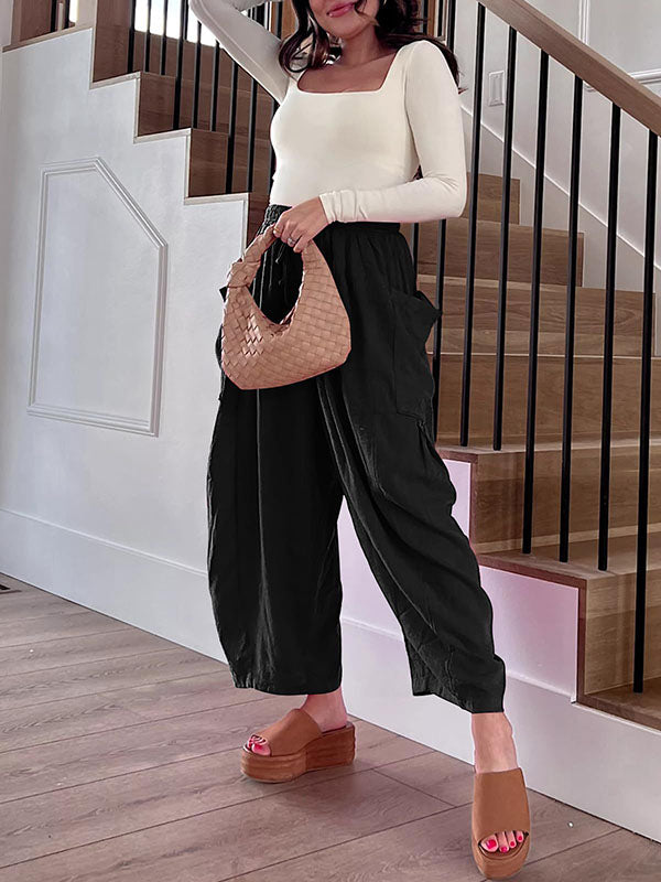 Drawstring Elasticity Pleated Pockets Solid Color High Waisted Loose Trousers Ninth Pants