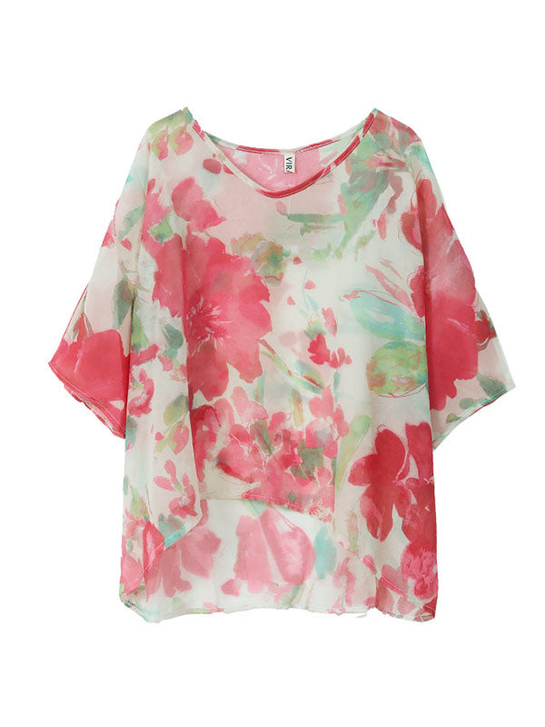Floral Printed Loose Short Sleeves Round-neck T-shirts
