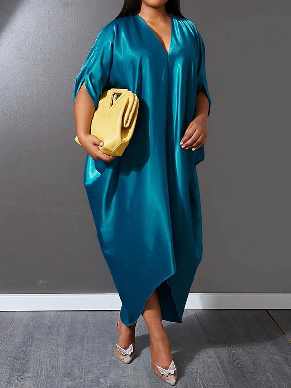 Solid Color Batwing Sleeves High-Low Deep V-Neck Maxi Dresses