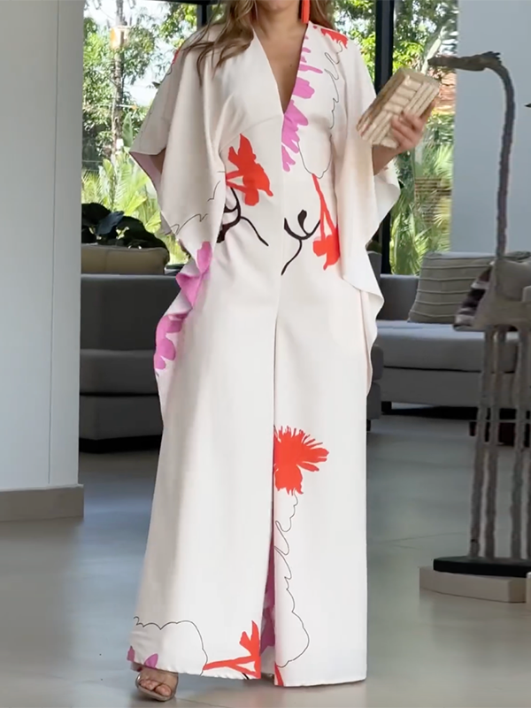 Printed Loose Wide Leg V-neck Jumpsuits