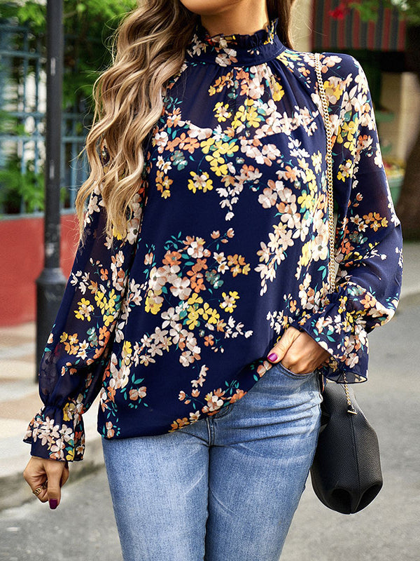 Elasticity Flower Print Flared Sleeves Long Sleeves Round-Neck Blouses&Shirts Tops