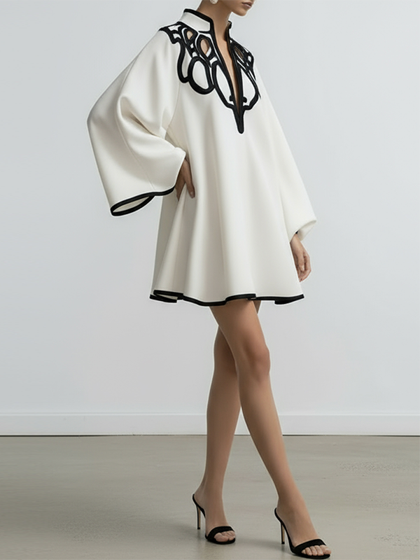 Flared Sleeves Loose Contrast Color Hollow Stand Collar Mini Dresses