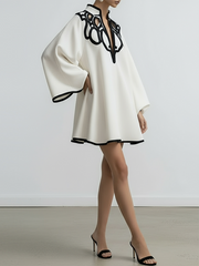 Flared Sleeves Loose Contrast Color Hollow Stand Collar Mini Dresses