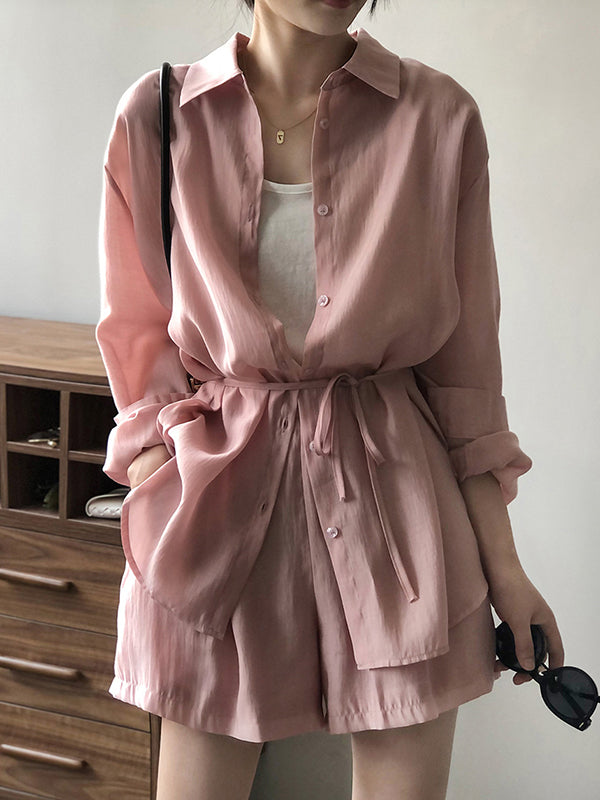 Loose Solid Color Long Sleeves Blouse + Pleated Shorts Two Pieces Set