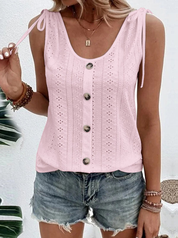 Buttoned Hollow Pleated Split-Joint Tied Loose Plus Size U-neck Vest Top