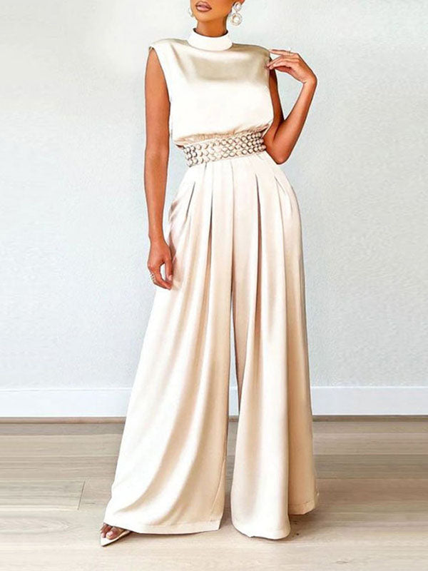 Casual Wide Leg Sleeveless Solid Color High-Neck Jumpsuits