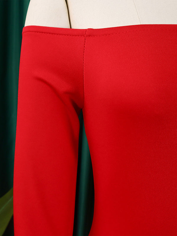 Falbala Solid Color Split-side Bodycon Flared Sleeves Off-the-shoulder Maxi Dresses