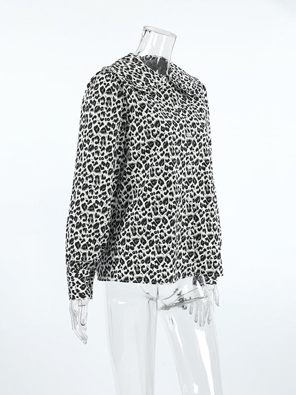 Leopard Printed Split-Joint Loose Puff Sleeves Peter Pan Collar Blouses&Shirts Tops