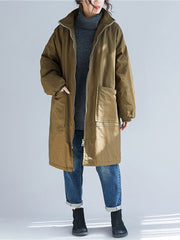 Quilted Zipper Long Sleeves Loose High Neck Padded Coat Coats