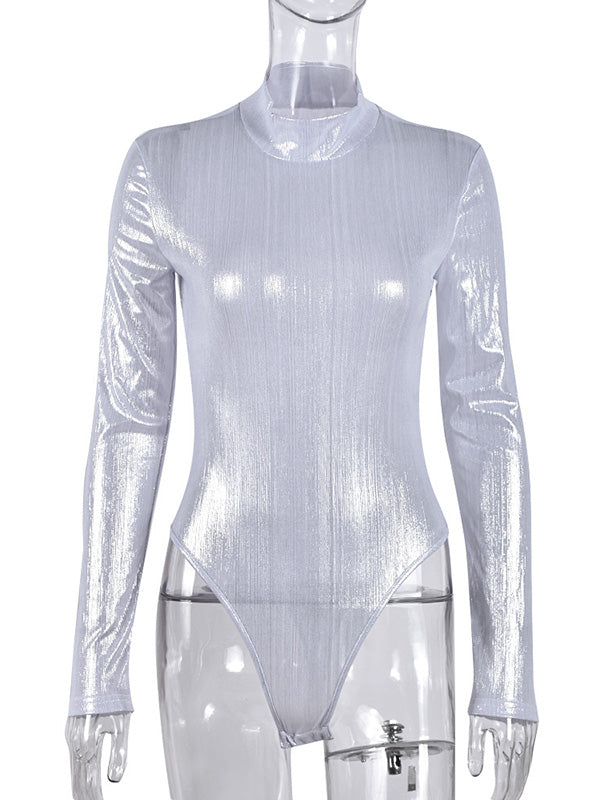 Bronzing Solid Color Long Sleeves Skinny Mock Neck Bodysuits