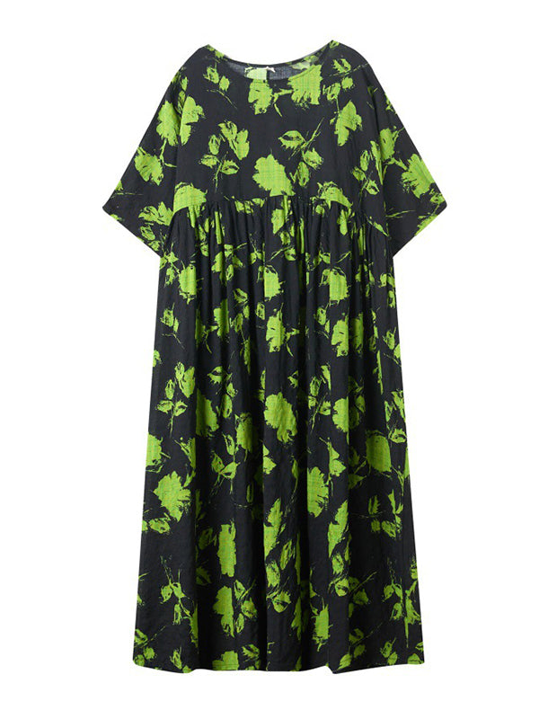 Floral Pleated Loose Round-neck Midi Dresses