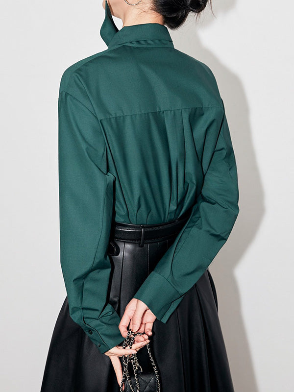 Buttoned Solid Color Long Sleeves Loose Mock Neck Blouses&shirts Tops