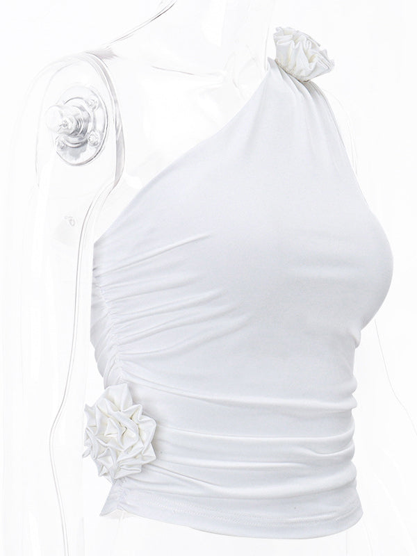Asymmetric Pleated Solid Color Three-Dimensional Flower Skinny Sleeveless One-Shoulder Vest Top