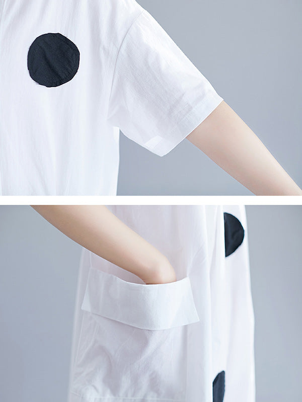 Original Short Sleeves Loose Contrast Color Polka-Dot Round-Neck Midi Dresses