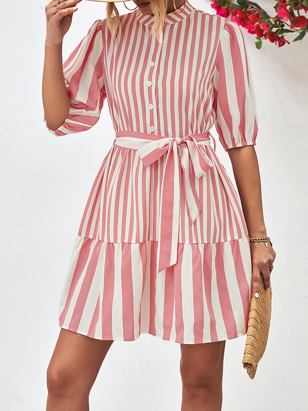 Buttoned Striped Half Sleeves Loose Stand Collar Mini Dresses
