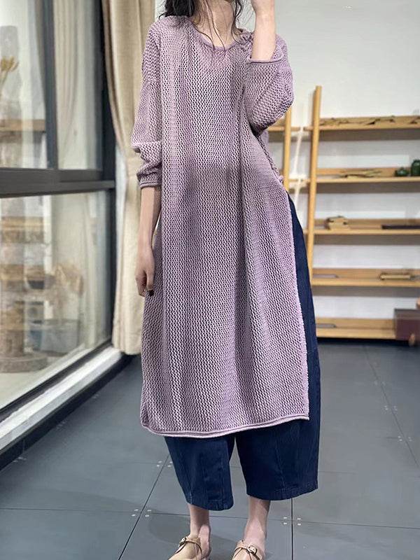 Asymmetric Hollow Split-side Long Sleeves Loose Round-neck Sweater Tops
