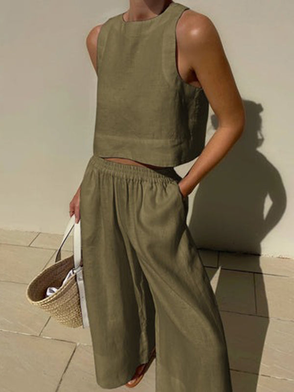 Solid Color Loose Round-Neck Sleeveless Vest + Elasticity Wide Leg Pants Two Pieces Set