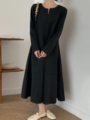 Hollow Solid Color A-Line Long Sleeves V-Neck Midi Dresses