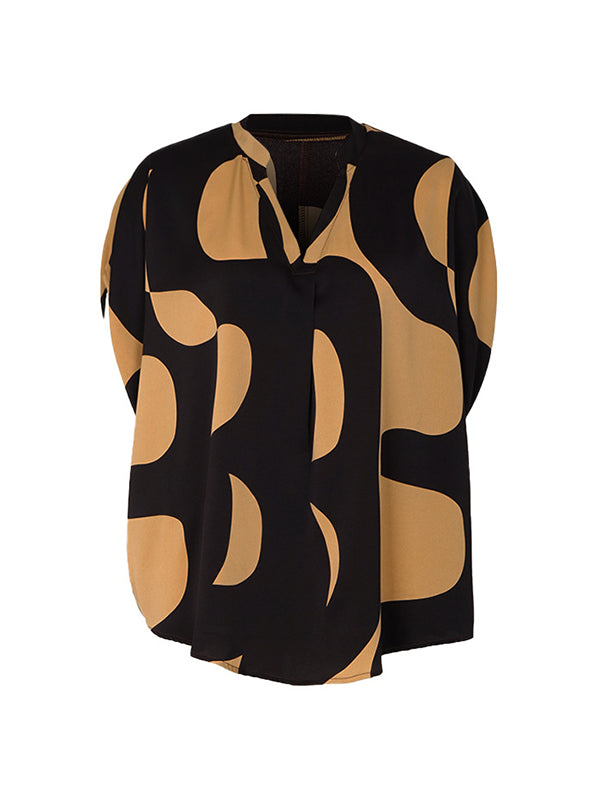 Printed Split-Joint Batwing Sleeves Loose V-Neck Blouses&Shirts Tops