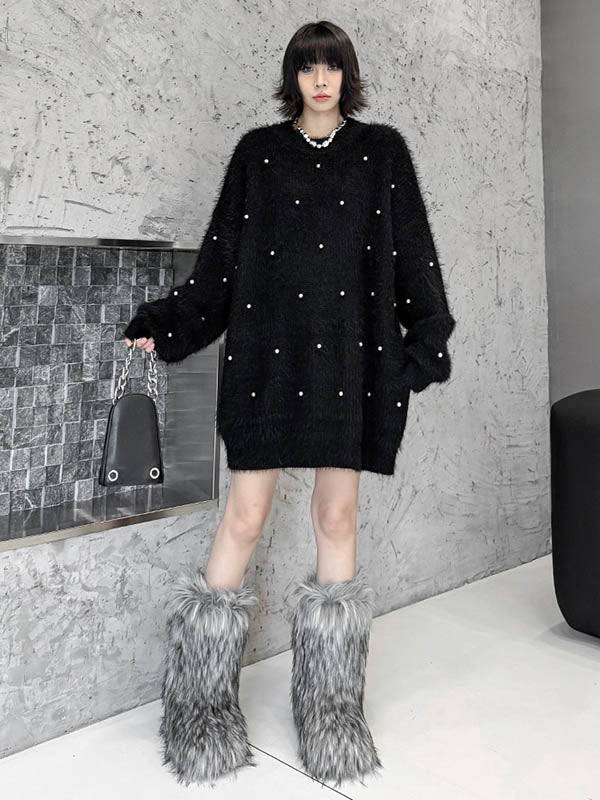 Beads Contrast Color Shiny Split-Joint Long Sleeves Loose Round-Neck Sweater Dresses Mini Dresses
