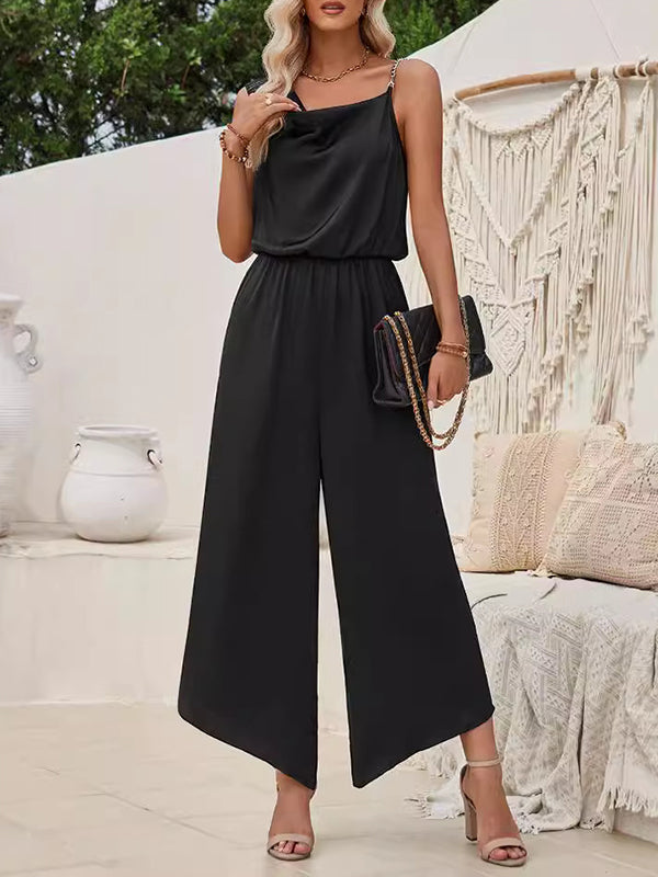 Asymmetric Chains Elasticity Loose Sleeveless Asymmetric Collar Jumpsuits