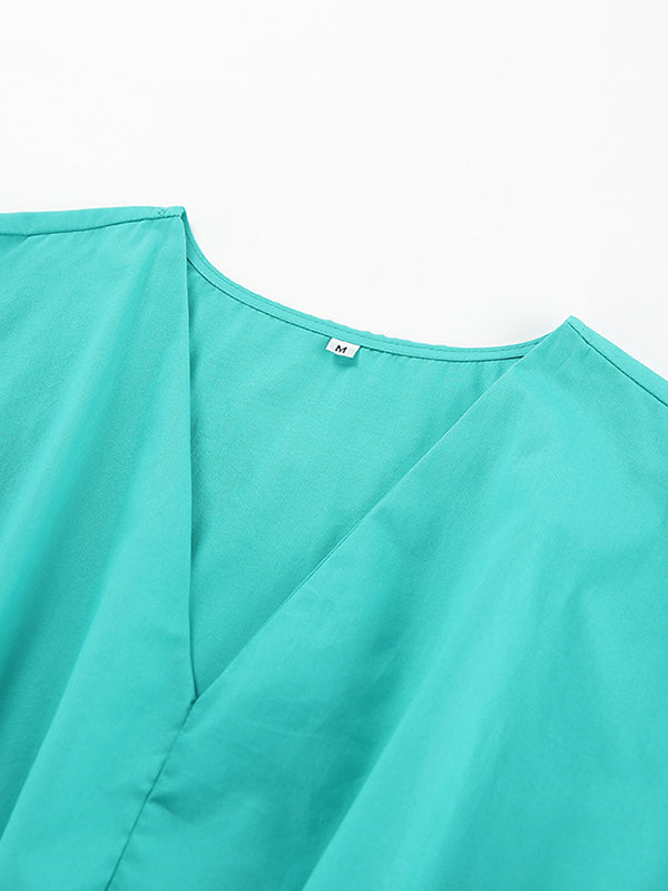 Drawstring Pleated Solid Color Split-Joint Tied Waist Loose Short Sleeves V-Neck Shirt Dress Midi Dresses