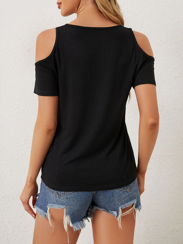 Hollow Split-Joint Loose Short Sleeves Cold Shoulder T-Shirts Tops