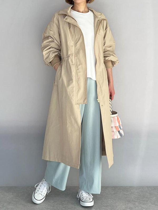 Loose Long Sleeves Drawstring Solid Color Zipper Hooded Trench Coats Outerwear
